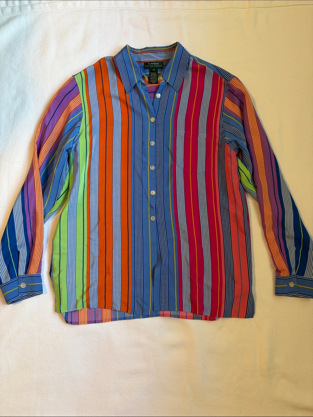 Lauren Ralph Lauren Bright Multicolor Striped Silk Button-Down Shirt Size 12